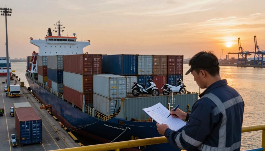 A busy international shipping port at sunset, showcasing a container ship loaded with motorcycles on deck, emphasizing the global aspect of motorcycle shipping. In the foreground, a logistics worker in professional attire studies shipping documents and checks the motorcycle manifests. The middle ground features multiple shipping containers stacked high, hinting at various global destinations. The background includes a skyline of cranes and warehousing architecture, with the golden hue of the sunset reflecting off the water, establishing a sense of urgency and importance. The scene is captured with a wide-angle lens to create depth, emphasizing both the enormity of the shipping operation and the meticulous nature of overseas motorcycle shipping. The overall mood is industrious and hopeful, indicative of new journeys and opportunities.