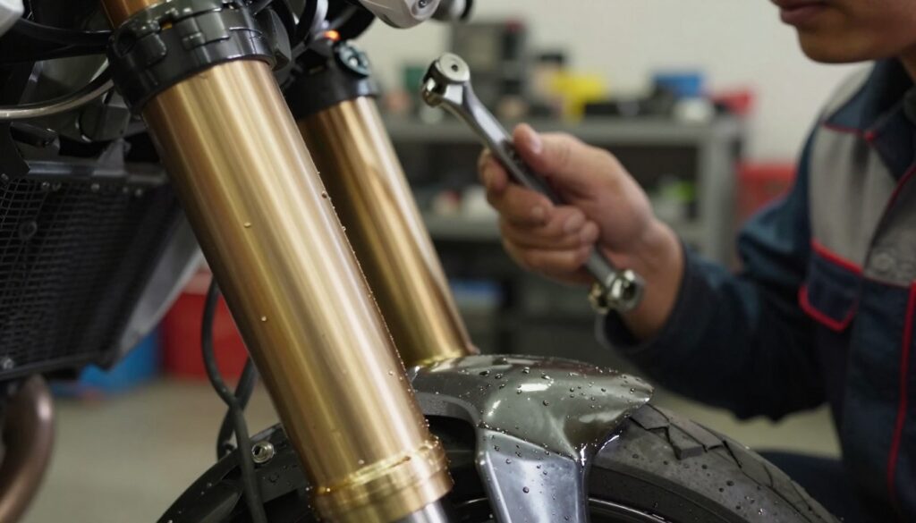 A close-up image of a motorcycle fork revealing a leak of fork oil. The foreground features a shiny, metallic fork tube with droplets of oil seeping out, highlighting the glossy texture of the fork and the oily sheen of the liquid. In the middle ground, a blurred mechanic's hand is visible, holding a wrench and inspecting the fork closely, dressed in a professional mechanic's attire. The background shows a shadowy garage filled with tools and a motorcycle partially obscured, creating depth. Soft, warm lighting illuminates the scene, accentuating the reflective surfaces and creating a sense of urgency to address the oil leak. The mood is serious yet technical, emphasizing the importance of early detection.