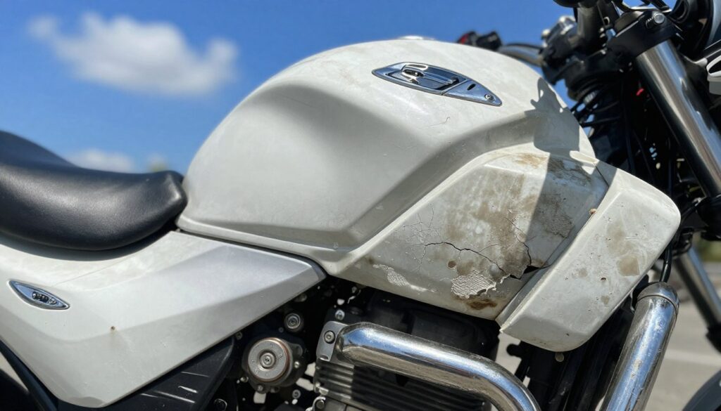 A close-up image showcasing the effects of sun damage on motorcycle plastics and chrome. In the foreground, weathered plastic parts exhibit a faded, chalky surface with visible cracks and discoloration, illustrating deterioration over time. Surrounding these elements, scattered chrome components reveal dullness and pitting, contrasting sharply with their once shiny appearance. The middle ground provides a blurred view of a well-maintained motorcycle in bright sunlight, emphasizing the stark difference between restored and damaged surfaces. In the background, a bright blue sky with a few wispy clouds creates a vibrant atmosphere, while high-contrast lighting highlights the textures of the damaged materials. The overall mood conveys urgency and the need for restoration, underscoring the impact of UV exposure on motorcycle aesthetics.