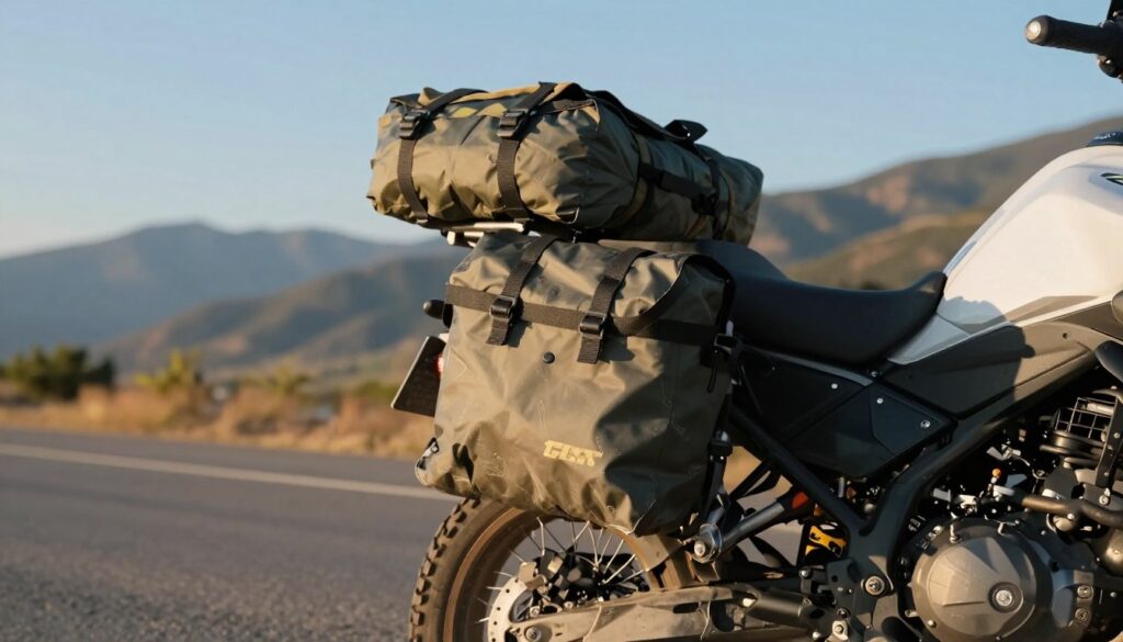 A close-up view of a motorcycle packed for overlanding, highlighting the concept of weight and balance. In the foreground, showcase high-quality gear like a lightweight tent, compact sleeping bag, and durable saddlebags, meticulously arranged on the motorcycle. In the middle ground, capture the motorcycle itself, featuring rugged tires and a well-equipped frame, angled slightly to emphasize its load. The background should reveal a picturesque landscape of mountains and open road under a clear blue sky, indicating adventure and exploration. Soft golden hour lighting casts gentle shadows, creating an inviting and adventurous atmosphere. Use a shallow depth of field to focus on the motorcycle and gear while slightly blurring the background, enhancing the sense of weight distribution and preparation for an exciting journey. A close-up view of a motorcycle packed for overlanding, highlighting the concept of weight and balance. In the foreground, showcase high-quality gear like a lightweight tent, compact sleeping bag, and durable saddlebags, meticulously arranged on the motorcycle. In the middle ground, capture the motorcycle itself, featuring rugged tires and a well-equipped frame, angled slightly to emphasize its load. The background should reveal a picturesque landscape of mountains and open road under a clear blue sky, indicating adventure and exploration. Soft golden hour lighting casts gentle shadows, creating an inviting and adventurous atmosphere. Use a shallow depth of field to focus on the motorcycle and gear while slightly blurring the background, enhancing the sense of weight distribution and preparation for an exciting journey.