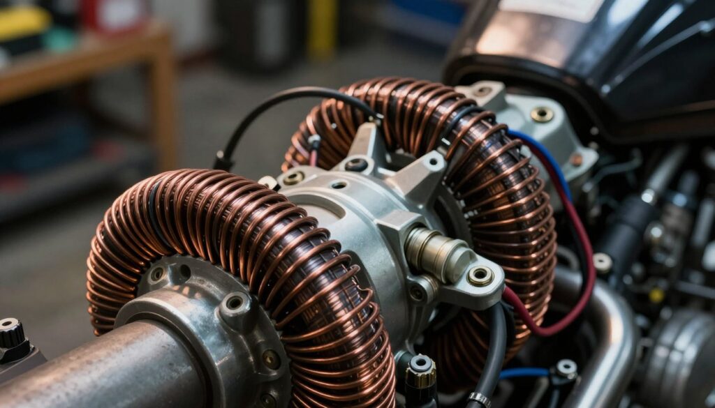 A close-up view of a motorcycle stator within a charging system, showcasing intricate electromagnetic coils and connectors. The foreground features a well-lit stator clearly displaying its copper windings and metallic components, emphasizing details like shadows on the surface to highlight texture. In the middle ground, the stator is connected to wires leading towards the motorcycle's battery, illustrating its role in energy generation. The background is softly blurred, suggesting a workshop setting with tools and a motorcycle partially visible. Use dramatic lighting from the top left to create a dynamic atmosphere, resembling a technical analysis in a mechanic's workspace. The overall mood conveys precision and technical sophistication, focusing on the stator's importance within the electrical system.