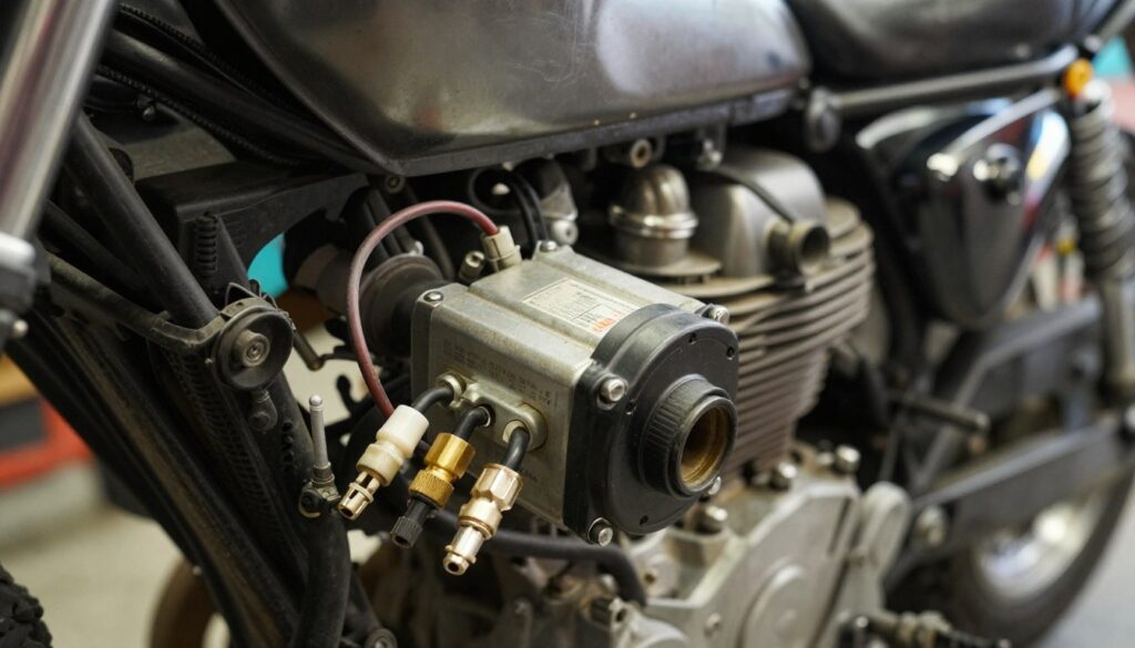 A close-up view of a motorcycle's charging system, prominently featuring a motorcycle stator and regulator rectifier. The foreground showcases detailed wiring and connectors, highlighting wear and tear to symbolize potential issues. In the middle, the motorcycle's engine casing is partially visible, casting soft shadows that enhance the intensity of the details. The background is blurred, showing a workshop environment with tools and mechanical components, evoking a sense of realism. Natural, soft lighting bathes the scene, creating a focused yet warm atmosphere. The angle captures the intricate connections and components from a slightly elevated perspective, inviting the viewer to ponder the importance of testing for proper stator and charging output.