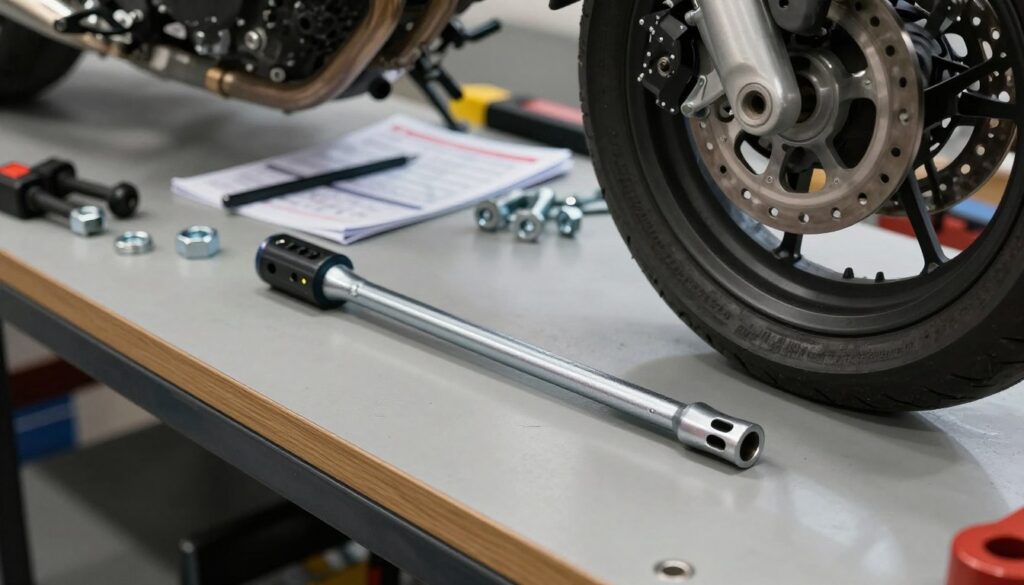 A close-up view of a motorcycle’s engine and wheel, emphasizing a torque wrench placed prominently on a clean workbench. The scene captures the intricate details of motorcycle components, including bolts and nuts, to illustrate the precision required in torque specifications. In the background, tools and manuals related to motorcycle maintenance are slightly blurred, creating a sense of a professional workspace. Soft, diffused lighting highlights the metal surfaces, adding a serious yet informative atmosphere. The angle focuses on the torque wrench and a highlighted torque specification chart, enhancing the importance of precise measurements for safety and reliability. Overall, the image should convey the critical nature of using proper torque settings for motorcycle maintenance.