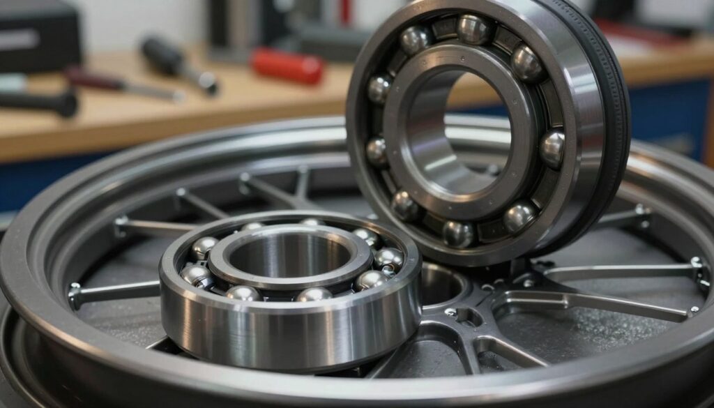 A close-up view of high-quality motorcycle wheel bearings, showcasing their intricate design and functionality. In the foreground, highlight the smooth, polished metal surfaces reflecting light, accompanied by detailed ball or roller components arranged neatly within. The middle ground features a partially disassembled motorcycle wheel, revealing the bearing housing, with subtle textures of rubber and metal. In the background, a blurred workbench filled with motorcycle repair tools, emphasizing a mechanics’ workshop atmosphere. Use soft, diffused lighting to create an inviting and professional mood, accentuating the precision engineering of the wheel bearings. The image should be well-composed from a slightly angled top-down view, creating depth while maintaining focus on the bearings.