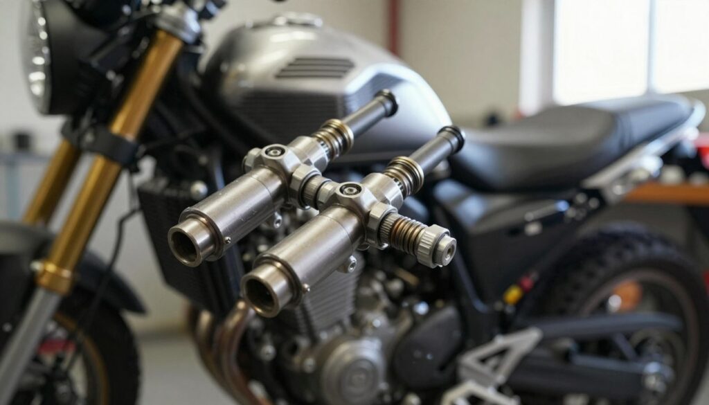 A close-up view of motorcycle fuel injectors positioned prominently in the foreground, showcasing their sleek metal design with intricate details such as electrical connections and fuel nozzles. The middle ground features a blurred image of a motorcycle engine, emphasizing the injectors' relationship to the overall fuel system. The background presents a workshop environment with tools and parts subtly out of focus, hinting at maintenance and repair. Natural lighting pours in from a nearby window, creating soft highlights on the injectors while casting gentle shadows. The overall mood is technical and precise, conveying a sense of urgency for maintenance, with an emphasis on clarity and detail to illustrate the importance of clean fuel injectors.
