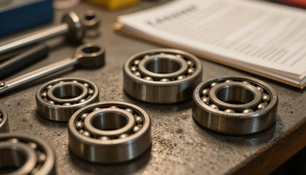 A close-up view of motorcycle wheel bearings on a workbench, showcasing their intricate details and wear. The foreground features a few worn bearings, with scratches and dirt, highlighting their usage. In the middle, a clean, shiny new bearing contrasts with the old ones, symbolizing replacement. The background includes tools like a bearing puller and a mechanic's manual, softly blurred to keep the focus on the bearings. Warm, ambient lighting creates a cozy, workshop atmosphere, while an angled perspective captures the craftsmanship involved in motorcycle maintenance. The mood is insightful and technical, emphasizing the importance of longevity and timely replacement of wheel bearings.