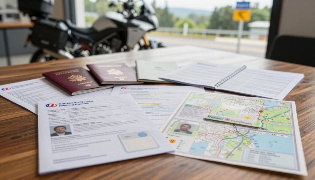 A collection of diverse motorcycle documents spread out on a wooden table. In the foreground, focus on a motorcycle registration certificate and an international driving permit, neatly organized beside a detailed map and border crossing guidelines. The middle layer features various identification documents, including passports and insurance papers, with subtle highlights reflecting their glossy surfaces. In the background, a blurred motorcycle parked near a scenic border crossing indicated by road signs and trees, suggesting travel. Soft, natural lighting filters in from a nearby window, creating a warm, inviting atmosphere. The angle is slightly above eye level, emphasizing the importance of these essential documents. The overall mood is practical and organized, conveying the seriousness of preparing for international travel.
