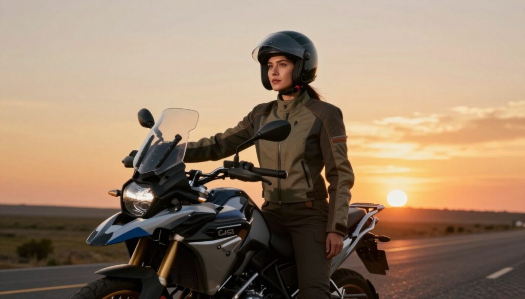A confident female motorcyclist, dressed in a stylish yet modest riding jacket and helmet, stands beside her adventure motorcycle against a breathtaking horizon. The foreground captures her determination, with her gaze focused, embodying the spirit of independence. In the middle ground, the open road stretches out, symbolizing the journey ahead. The background features a vibrant sunset, casting warm, golden light that enhances the atmosphere of freedom and exploration. The scene is captured from a low angle to emphasize the motorcycle and rider, with the horizon creating a sense of limitless possibilities. The mood is empowering and inspiring, inviting viewers to reflect on their own motivations for adventure.