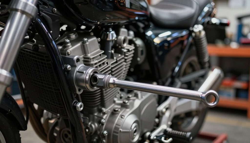 A detailed close-up of a motorcycle engine area, showcasing a torque wrench in use, highlighting the concept of rotational force. In the foreground, the torque wrench is gripping a bolt on the motorcycle frame, glistening with precision-engineered details. The middle ground features gleaming metal parts of the engine and polished components, emphasizing intricate mechanics. In the background, a blurred shop environment filled with tools and motorcycle parts creates an industrious atmosphere. Soft, even lighting enhances the metallic textures, while a slight vignette darkens the edges, directing focus towards the torque wrench. The overall mood is technical and purposeful, conveying the importance of accuracy in motorcycle maintenance.