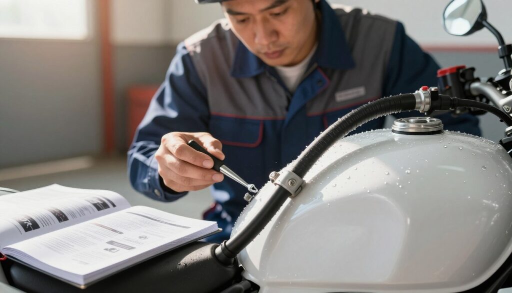 A detailed close-up of a motorcycle fuel system, showcasing a pristine fuel tank and clean fuel lines, with droplets of gasoline glistening in the sunlight. In the foreground, an open motorcycle manual highlights maintenance steps, while in the middle, a mechanic in professional business attire, focused on inspecting the system with tools, symbolizes precision. The background features a softly blurred garage setting, bathed in warm, natural light, enhancing a sense of cleanliness and efficiency. The composition captures the essence of motorcycle performance and fuel economy, conveying a mood of professionalism and meticulous care. The image should evoke a sense of reliability and technical expertise.