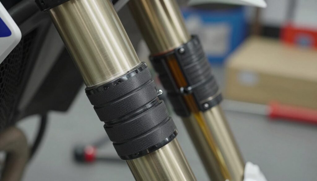 A detailed close-up of motorcycle fork seals, showcasing their cylindrical shape and textured surface designed to keep fork oil contained. The foreground displays a partially disassembled motorcycle front fork, highlighting the intricate design of the seals against the shiny metal components. The middle ground captures the fork oil glistening under soft, diffused lighting, emphasizing the seal's function in preventing leaks. A blurred workshop environment surrounds the scene, hinting at tools and parts without distraction. Use a shallow depth of field to focus on the fork seals, with a slightly elevated angle to add depth. The atmosphere conveys a sense of precision and technical expertise, ideal for illustrating the mechanics behind fork seals in motorcycle maintenance.