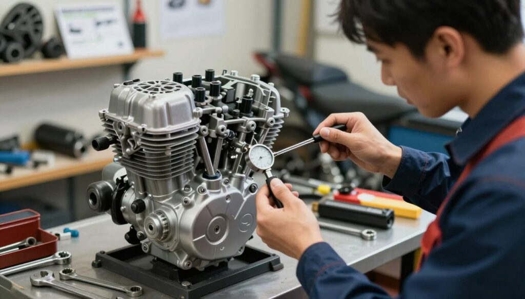 A detailed illustration of a motorcycle engine's valve clearance adjustment process. In the foreground, show a mechanic in professional attire, intently examining the engine. They hold a feeler gauge to measure the valve lash, showcasing the precision tools involved. The middle ground includes an open motorcycle engine with valves and rocker arms visibly adjusted for clarity. Surround the mechanic and engine with essential garage tools and parts, including wrenches and a workbench cluttered with motorcycle maintenance items. The background features soft, natural lighting, enhancing the focused ambiance, with shelves holding motorcycle parts and manuals that evoke a sense of expertise and care. The image should capture the technical and meticulous nature of motorcycle maintenance, emphasizing the importance of valve clearance adjustments over time.