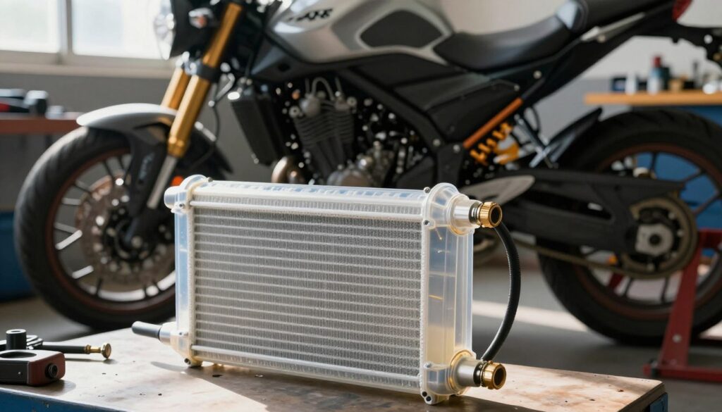 A detailed motorcycle cooling system displayed prominently in the foreground, featuring a transparent radiator filled with coolant, hoses, and connectors glistening under soft, ambient lighting. The middle ground showcases a motorcycle partially disassembled, focusing on the intricacies of the cooling system, including a water pump and thermostat. In the background, tools and workshop equipment hint at a mechanic's workspace, with a blurred effect to create depth. The scene is illuminated by natural light streaming from a nearby window, casting gentle shadows that enhance the textures and details of the components. The overall mood is informative and technical, emphasizing the importance of maintenance and care for a motorcycle's cooling system.