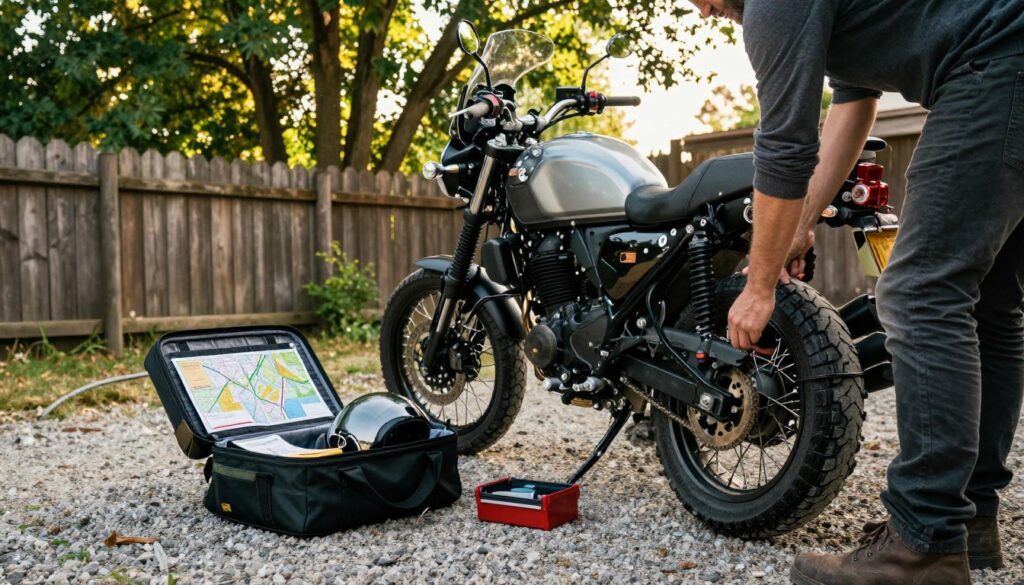 A detailed scene of motorcycle prep, showcasing a sleek touring motorcycle parked on a gravel driveway. In the foreground, a rider in modest casual clothing is inspecting the bike's tires and checking the oil, equipped with a small toolkit. In the middle ground, a well-organized travel bag is open, revealing maps, travel documents, and a helmet. In the background, a rustic wooden fence and tall green trees create a peaceful atmosphere. The lighting is warm and inviting, suggesting a late afternoon sun filtering through the leaves. Use a slightly angled view to capture the immersive experience of getting ready for the journey ahead, conveying a sense of anticipation and adventure.