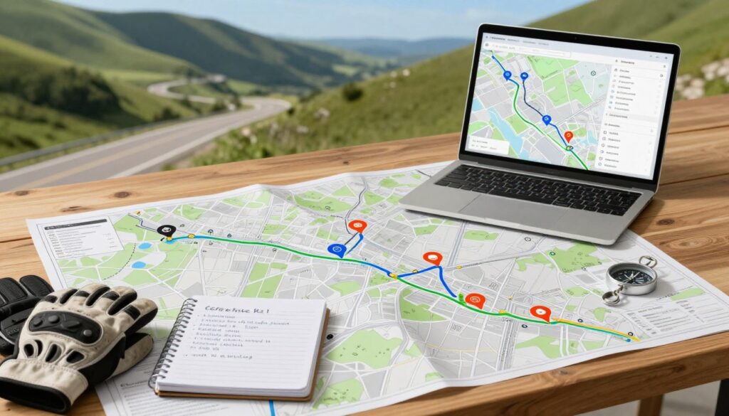 A detailed top-down view of a motorcycle route planning map laid out on a wooden table, with highlighted fuel stops marked in bright colors. In the foreground, a pair of well-used motorcycle gloves and a compass rest beside a small notebook filled with handwritten notes on fuel efficiency. The middle ground features an open laptop displaying a mapping application with routes traced in blue and green. In the background, a picturesque landscape of winding roads through lush green hills under a clear blue sky, suggesting a remote area. Soft, natural lighting illuminates the scene, creating an inviting and focused atmosphere for planning a motorcycle trip. The image conveys a sense of adventure and preparation, emphasizing the importance of fuel management.