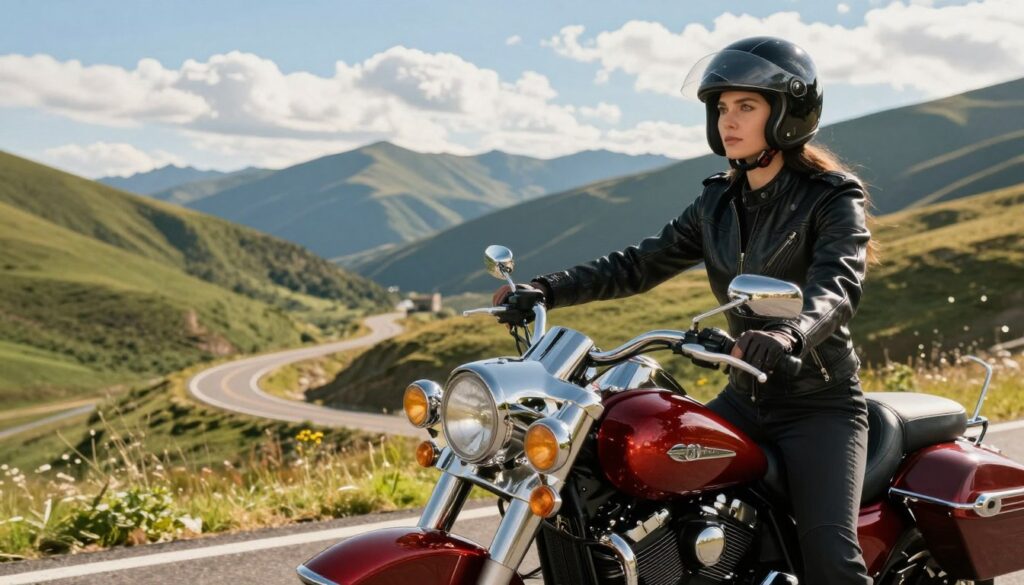 A determined female motorcyclist, dressed in a stylish yet practical black leather jacket and helmet, stands beside her powerful touring motorcycle on a winding mountain road. The foreground features her vibrant bike, gleaming chrome details catching the sunlight, reflecting the scenic landscape. In the middle ground, the winding road curves through lush green hills under a clear blue sky with fluffy white clouds. The background showcases majestic mountains, hinting at adventure and freedom. The scene is illuminated by warm afternoon sunlight, creating a golden hue that emphasizes the spirit of exploration and empowerment. The atmosphere is adventurous yet serene, highlighting the essence of solo motorcycle travel for women on their journey toward self-discovery and empowerment.