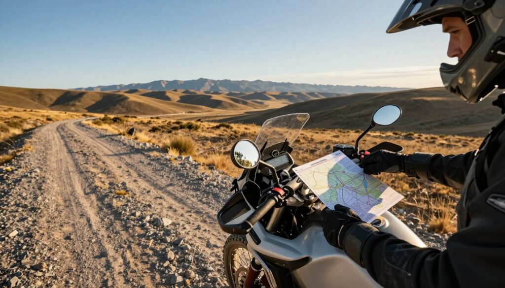 A dynamic panorama capturing a remote motorcycle landscape with a rider consulting a detailed fuel range chart. Foreground features a rugged motorcycle parked on a gravel road, the tank adorned with a map and fuel gauge readings. In the middle ground, visualize a vast stretch of desolate terrain with rolling hills and sparse vegetation under a blue sky, sunlight casting dramatic shadows. The background showcases distant mountains, hinting at the remoteness. Golden hour lighting gives a warm, adventurous atmosphere, while the angle should emphasize the rider’s concentration on fuel management amidst nature. The overall mood evokes a sense of preparation and excitement for an off-the-beaten-path motorcycle journey.