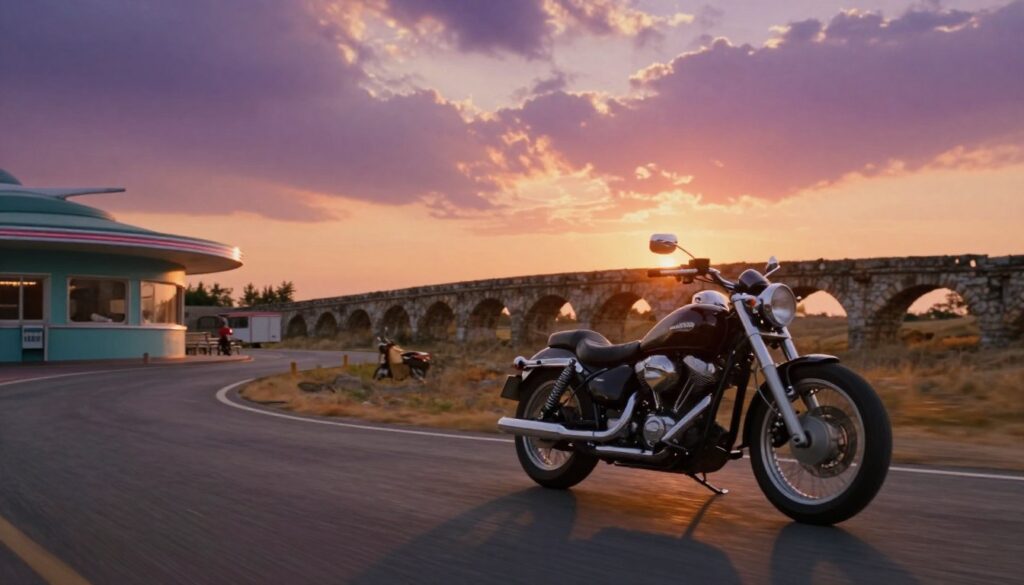 A dynamic scene illustrating a motorcycle journey through time, capturing the essence of adventure and exploration. In the foreground, a gleaming motorcycle with a vintage design stands on a winding road, its chrome reflecting the sunlight. In the middle ground, a series of faded temporal landmarks, such as a classic diner and an ancient stone bridge, blend past and present. The background showcases a vivid sunset, casting warm oranges and purples into the sky, enhancing a sense of nostalgia. The image should have a slightly blurred effect to suggest motion, as if the motorcycle is speeding through time. Aim for a cinematographic style, with soft lighting and a wide-angle lens perspective to create an immersing and reflective mood. A dynamic scene illustrating a motorcycle journey through time, capturing the essence of adventure and exploration. In the foreground, a gleaming motorcycle with a vintage design stands on a winding road, its chrome reflecting the sunlight. In the middle ground, a series of faded temporal landmarks, such as a classic diner and an ancient stone bridge, blend past and present. The background showcases a vivid sunset, casting warm oranges and purples into the sky, enhancing a sense of nostalgia. The image should have a slightly blurred effect to suggest motion, as if the motorcycle is speeding through time. Aim for a cinematographic style, with soft lighting and a wide-angle lens perspective to create an immersing and reflective mood.