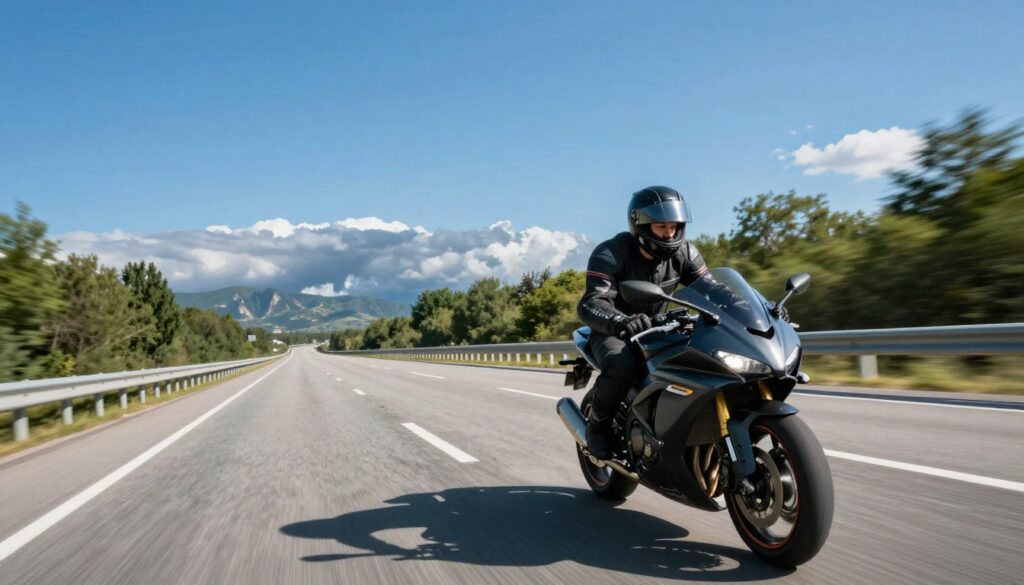 A focused motorcycle rider dressed in a sleek, professional riding outfit, navigating a long, winding highway under a bright blue sky. The foreground features the rider leaning slightly to one side, showcasing their intense concentration and alertness. In the middle ground, the highway stretches into the distance, flanked by green trees and distant mountains, creating a sense of motion and adventure. The background includes a few ominous dark clouds appearing on the horizon, hinting at an impending storm, symbolizing the lurking dangers of fatigue. The midday sunlight casts sharp shadows, emphasizing the rider's determination and focus. The image captures a dynamic sense of urgency and vigilance, illustrating the need for alertness during long rides. A focused motorcycle rider dressed in a sleek, professional riding outfit, navigating a long, winding highway under a bright blue sky. The foreground features the rider leaning slightly to one side, showcasing their intense concentration and alertness. In the middle ground, the highway stretches into the distance, flanked by green trees and distant mountains, creating a sense of motion and adventure. The background includes a few ominous dark clouds appearing on the horizon, hinting at an impending storm, symbolizing the lurking dangers of fatigue. The midday sunlight casts sharp shadows, emphasizing the rider's determination and focus. The image captures a dynamic sense of urgency and vigilance, illustrating the need for alertness during long rides.