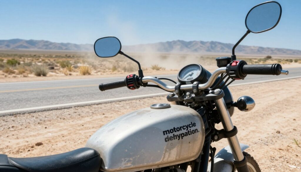 A lone motorcycle parked on a dusty roadside under the blazing summer sun, emphasizing the concept of "motorcycle dehydration." In the foreground, the bike shows signs of wear, with sun-bleached paint and heat distortion visible on its metal surfaces. The middle of the scene captures a close-up of the motorcycle's instruments, showcasing a temperature gauge reading high. In the background, a shimmering heat haze distorts the horizon, with a sparse landscape of dry grass and distant mountains under a clear blue sky. The scene is bathed in harsh, bright sunlight casting sharp shadows, creating an atmosphere of relentless heat and isolation, evoking the risks of dehydration during long rides on hot days. A lone motorcycle parked on a dusty roadside under the blazing summer sun, emphasizing the concept of "motorcycle dehydration." In the foreground, the bike shows signs of wear, with sun-bleached paint and heat distortion visible on its metal surfaces. The middle of the scene captures a close-up of the motorcycle's instruments, showcasing a temperature gauge reading high. In the background, a shimmering heat haze distorts the horizon, with a sparse landscape of dry grass and distant mountains under a clear blue sky. The scene is bathed in harsh, bright sunlight casting sharp shadows, creating an atmosphere of relentless heat and isolation, evoking the risks of dehydration during long rides on hot days.