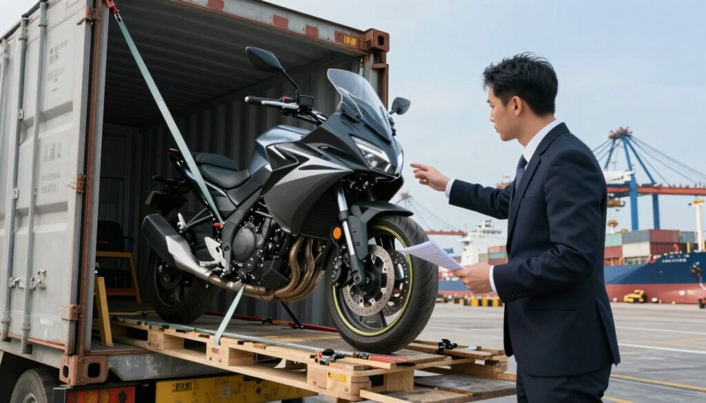 A modern motorcycle being securely loaded into a shipping container at a bustling port. In the foreground, a professional in business attire is carefully checking documents while gesturing toward the motorcycle, which is restfully positioned on a specially designed pallet. The middle ground showcases the shipping container with sturdy straps and padding ensuring the bike's safety. In the background, a clear blue sky is complemented by cranes and cargo ships, emphasizing an active shipping environment. Soft, natural lighting illuminates the scene, creating a sense of professionalism and urgency. The angle captures the dynamic action of the shipping process while maintaining focus on the motorcycle and its careful handling. The overall mood is industrious and efficient, encapsulating the essence of international transportation.
