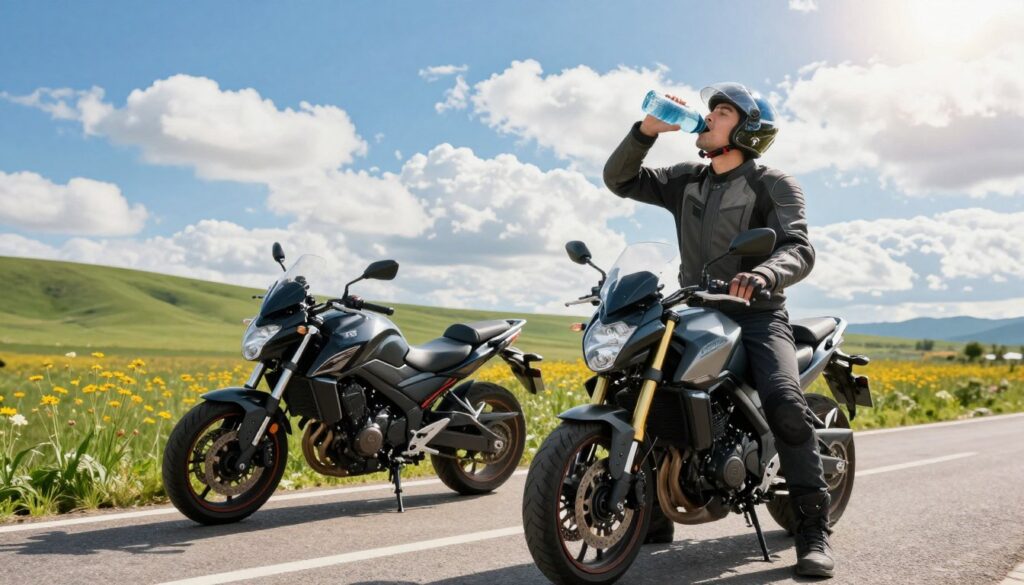 A motorcyclist in a safety jacket and helmet taking a refreshing water break on a scenic roadside during a summer ride. In the foreground, focus on the rider holding a water bottle, with a look of satisfaction and relief on their face. The middle ground features a sleek motorcycle parked beside a vibrant green landscape with wildflowers in bloom. In the background, a bright blue sky with fluffy white clouds enhances the sunny day ambiance. The sunlight casts a warm glow, creating a cheerful and energetic mood. Capture the scene with a wide-angle lens from a slightly low angle to emphasize the motorcycle and rider's interaction with the environment. Aim for a sharp, vivid color palette to convey the essence of summer riding and hydration. A motorcyclist in a safety jacket and helmet taking a refreshing water break on a scenic roadside during a summer ride. In the foreground, focus on the rider holding a water bottle, with a look of satisfaction and relief on their face. The middle ground features a sleek motorcycle parked beside a vibrant green landscape with wildflowers in bloom. In the background, a bright blue sky with fluffy white clouds enhances the sunny day ambiance. The sunlight casts a warm glow, creating a cheerful and energetic mood. Capture the scene with a wide-angle lens from a slightly low angle to emphasize the motorcycle and rider's interaction with the environment. Aim for a sharp, vivid color palette to convey the essence of summer riding and hydration.