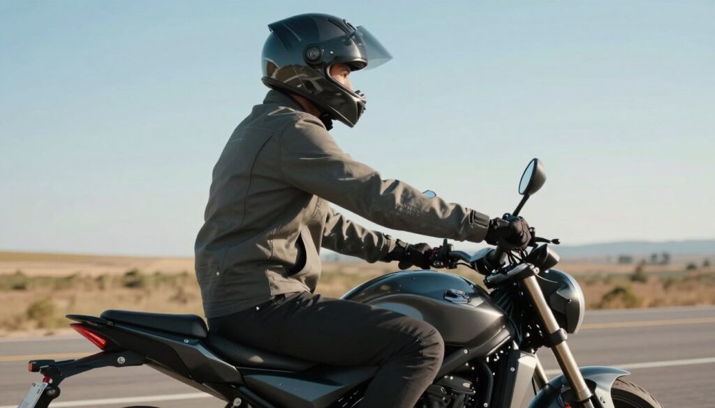 A professional male motorcycle rider dressed in a modest, fitted riding jacket and helmet, demonstrating proper posture while seated on a sleek motorcycle. In the foreground, focus on his straight back and relaxed shoulders, showcasing how to maintain an ergonomic position. The middle ground includes the motorcycle itself, emphasizing its adjustable components like handlebars and seat, highlighting the importance of a custom fit. The background features a scenic open road under a clear blue sky, reflecting a sense of freedom and adventure. Soft, natural lighting casts gentle shadows, creating a warm and inviting atmosphere. The angle captures a side view, illustrating both the rider's posture and the motorcycle's setup effectively.