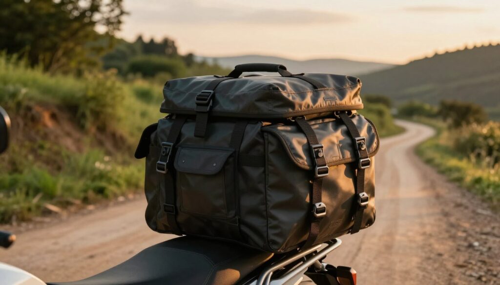 A rugged, high-quality motorcycle bag is prominently displayed in the foreground, showcasing its durable materials and various compartments. The bag is styled with a functional design, featuring reinforced straps and a weather-resistant exterior, hinting at adventure-ready features. In the middle ground, a scenic backdrop of a winding dirt road surrounded by lush greenery sets the stage for exploration. The sky is filled with soft golden hour light, creating warm highlights and gentle shadows that enhance the texture of the bag. The camera angle is slightly low, capturing the bag's importance in the travel experience. The overall mood conveys a sense of freedom and anticipation for upcoming journeys, inviting viewers to envision their two-wheel escapades. A rugged, high-quality motorcycle bag is prominently displayed in the foreground, showcasing its durable materials and various compartments. The bag is styled with a functional design, featuring reinforced straps and a weather-resistant exterior, hinting at adventure-ready features. In the middle ground, a scenic backdrop of a winding dirt road surrounded by lush greenery sets the stage for exploration. The sky is filled with soft golden hour light, creating warm highlights and gentle shadows that enhance the texture of the bag. The camera angle is slightly low, capturing the bag's importance in the travel experience. The overall mood conveys a sense of freedom and anticipation for upcoming journeys, inviting viewers to envision their two-wheel escapades.