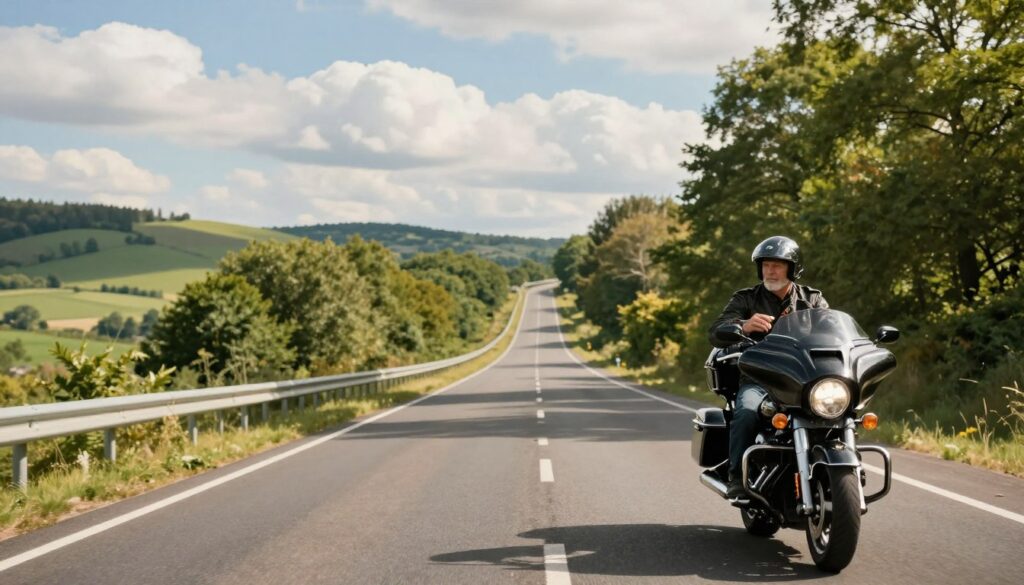 A scenic highway stretching through a lush green landscape, capturing the essence of a long motorcycle trip. In the foreground, a senior male rider dressed in a comfortable leather jacket and helmet sits confidently on a sleek touring motorcycle, adjusting his gear with a relaxed demeanor. The middle ground includes a winding road that leads into the distance, flanked by tall trees and rolling hills, suggesting a journey of exploration and adventure. In the background, a bright blue sky filled with fluffy white clouds enhances the sense of freedom. Soft, warm sunlight filters through the trees, casting gentle shadows and creating a serene atmosphere. The overall mood is one of safety, comfort, and enjoyment, emphasizing the importance of setting realistic goals for a fulfilling riding experience. A scenic highway stretching through a lush green landscape, capturing the essence of a long motorcycle trip. In the foreground, a senior male rider dressed in a comfortable leather jacket and helmet sits confidently on a sleek touring motorcycle, adjusting his gear with a relaxed demeanor. The middle ground includes a winding road that leads into the distance, flanked by tall trees and rolling hills, suggesting a journey of exploration and adventure. In the background, a bright blue sky filled with fluffy white clouds enhances the sense of freedom. Soft, warm sunlight filters through the trees, casting gentle shadows and creating a serene atmosphere. The overall mood is one of safety, comfort, and enjoyment, emphasizing the importance of setting realistic goals for a fulfilling riding experience.