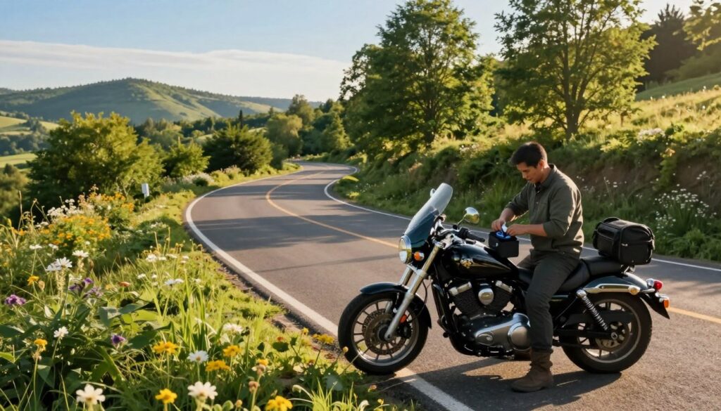 A scenic motorcycle road winding through a lush green landscape, offering a sense of adventure and freedom. In the foreground, a sleek, polished motorcycle is parked at the side of the road, gleaming under the soft, warm sunlight of early morning. The rider, dressed in modest casual clothing, is setting up a portable hygiene kit on the motorcycle seat, reflecting an organized approach to cleanliness on long journeys. The middle ground features a gently curving road lined by tall trees and blooming wildflowers, suggesting the beauty of nature. In the background, distant hills rise against a clear blue sky, evoking a sense of tranquility. The image should be captured from a slightly elevated angle, emphasizing the open road and the rider's commitment to staying fresh while on the move, with a warm, inviting atmosphere. A scenic motorcycle road winding through a lush green landscape, offering a sense of adventure and freedom. In the foreground, a sleek, polished motorcycle is parked at the side of the road, gleaming under the soft, warm sunlight of early morning. The rider, dressed in modest casual clothing, is setting up a portable hygiene kit on the motorcycle seat, reflecting an organized approach to cleanliness on long journeys. The middle ground features a gently curving road lined by tall trees and blooming wildflowers, suggesting the beauty of nature. In the background, distant hills rise against a clear blue sky, evoking a sense of tranquility. The image should be captured from a slightly elevated angle, emphasizing the open road and the rider's commitment to staying fresh while on the move, with a warm, inviting atmosphere.