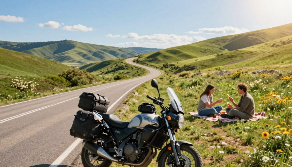 A scenic view of a long, winding road ideal for a motorcycle trip, stretching through lush green hills under a bright blue sky. In the foreground, a well-maintained motorcycle parked along the roadside, with a packed saddlebag showcasing travel essentials for hygiene. A small portable wash kit and a lightweight towel peek out from the bag. In the middle ground, an open picnic area with a couple of riders in casual, modest clothing, applying sunscreen and enjoying a refreshing snack. The background features rolling landscapes dotted with wildflowers and distant mountains, illuminated by warm, inviting sunlight, creating a sense of adventure and tranquility. The atmosphere is relaxed and refreshing, capturing the essence of maintaining personal hygiene while on the road. A scenic view of a long, winding road ideal for a motorcycle trip, stretching through lush green hills under a bright blue sky. In the foreground, a well-maintained motorcycle parked along the roadside, with a packed saddlebag showcasing travel essentials for hygiene. A small portable wash kit and a lightweight towel peek out from the bag. In the middle ground, an open picnic area with a couple of riders in casual, modest clothing, applying sunscreen and enjoying a refreshing snack. The background features rolling landscapes dotted with wildflowers and distant mountains, illuminated by warm, inviting sunlight, creating a sense of adventure and tranquility. The atmosphere is relaxed and refreshing, capturing the essence of maintaining personal hygiene while on the road.