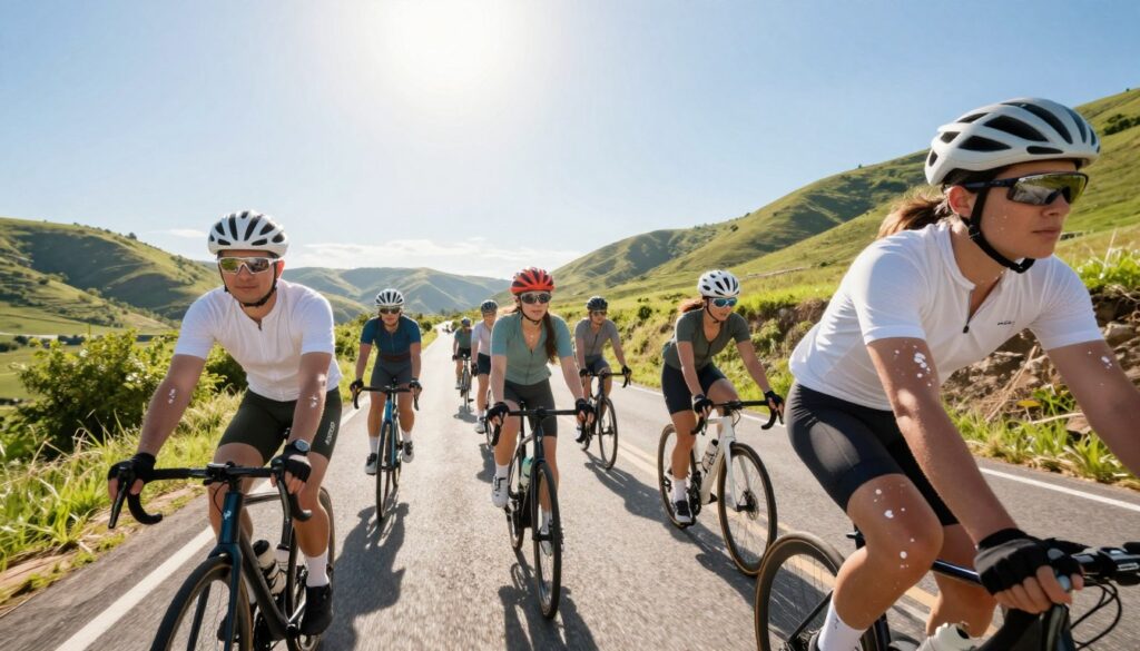A scenic view on a sunlit road with a diverse group of cyclists wearing colorful helmets and protective eyewear, pedaling under a bright blue sky. In the foreground, the cyclists are focused and relaxed, showcasing their light, breathable attire, equipped with sunblock on their exposed skin. The middle ground features rolling hills and lush greenery flanking the asphalt, emphasizing a warm, inviting atmosphere. The background displays a radiant sun high above, casting long, gentle shadows and creating a dappled light effect on the ground. The overall mood is cheerful and active, capturing the essence of outdoor cycling while illustrating the importance of sun exposure awareness and protection. The lighting is bright and sunny, evoking a sense of vitality and energy.