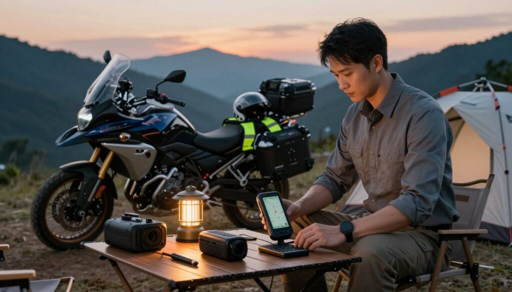 A serene motorcycle campsite at dusk, showcasing a sleek touring motorcycle parked near a well-organized setup of essential tech gadgets, such as a GPS device, portable charger, and communication tools, all emphasizing safety for long-distance travel. In the foreground, a well-dressed individual in professional attire carefully inspects the gadgets, exuding a sense of preparedness and diligence. The middle ground features a tent with safety gear like helmets and reflective vests, with a warm glow from an LED lantern illuminating the scene. The background includes distant mountains under a colorful sunset sky, creating a tranquil atmosphere conducive to adventure. Use soft lighting to enhance the feeling of safety and reliability in this tech-centric motorcycle travel scenario.
