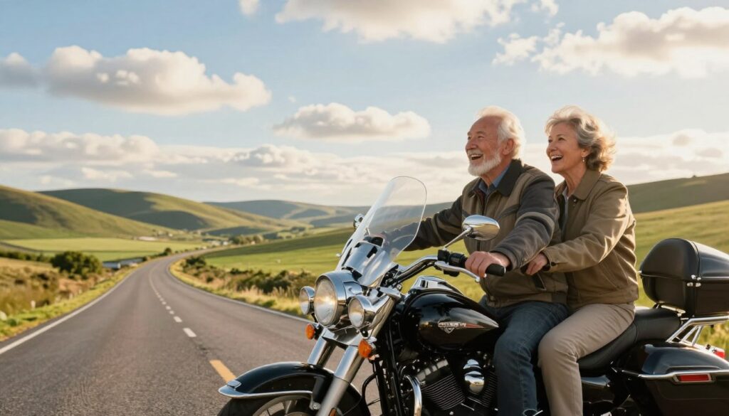 A serene motorcycle scene featuring two senior riders, a man and a woman, dressed in comfortable, professional casual clothing, sitting on a gleaming touring motorcycle. In the foreground, they exude joy and camaraderie, their faces lit with excitement as they prepare for an adventure. The middle ground showcases a winding road cutting through a picturesque landscape of rolling hills and vibrant green fields, emphasizing the freedom of the open road. In the background, a bright blue sky dotted with fluffy clouds enhances the mood of exploration and positivity. Soft, warm lighting captures the golden hour, creating an inviting and hopeful atmosphere that embodies the spirit of travel and adventure for seniors. The angle focuses on the riders and their bike, inviting viewers to share in their journey. A serene motorcycle scene featuring two senior riders, a man and a woman, dressed in comfortable, professional casual clothing, sitting on a gleaming touring motorcycle. In the foreground, they exude joy and camaraderie, their faces lit with excitement as they prepare for an adventure. The middle ground showcases a winding road cutting through a picturesque landscape of rolling hills and vibrant green fields, emphasizing the freedom of the open road. In the background, a bright blue sky dotted with fluffy clouds enhances the mood of exploration and positivity. Soft, warm lighting captures the golden hour, creating an inviting and hopeful atmosphere that embodies the spirit of travel and adventure for seniors. The angle focuses on the riders and their bike, inviting viewers to share in their journey.