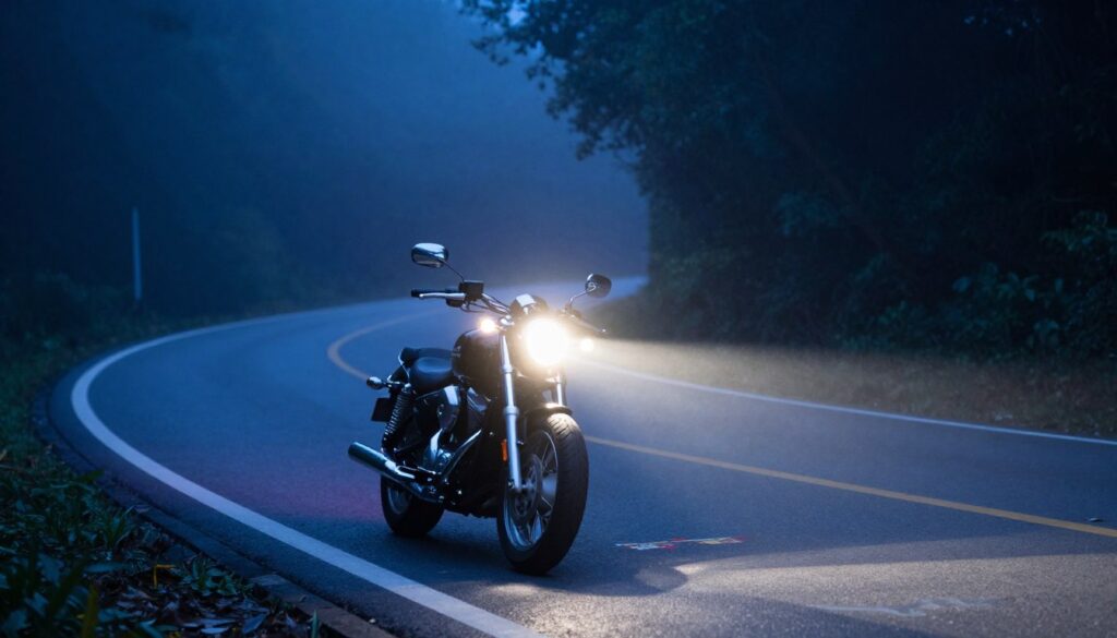 A serene nighttime scene capturing a winding road illuminated by bright motorcycle headlights. In the foreground, a sleek motorcycle with an upright position stands at the edge of the road, its chrome details reflecting the glow of the headlights. The middle ground shows the asphalt road curving gently, with a few painted road markings visible. The background features dark, dense trees lining both sides of the road, partially shrouded in mist, creating a mysterious yet inviting atmosphere. The scene is bathed in a soft blue hue, with the headlights casting an expansive beam of warm light ahead, symbolizing safety and visibility. The mood is calm and focused, emphasizing the importance of preparation before riding at night.
