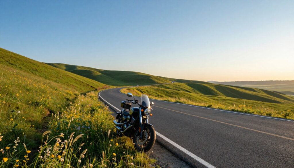 A serene open road stretches infinitely under a clear blue sky, surrounded by majestic green hills and vibrant wildflowers swaying gently in the breeze. In the foreground, a sleek motorcycle glints in the warm sunlight, parked at the roadside, capturing a sense of freedom and adventure. The middle ground features gentle curves of the asphalt road, leading the viewer’s eye towards the distant horizon, where the earth meets the sky in soft, warm hues of late afternoon. The atmosphere is tranquil yet invigorating, evoking the exhilaration of a long-distance ride. Utilize soft, golden lighting to enhance the emotional depth and clarity of the scene. The angle should be a slightly elevated side view to provide a sense of depth and dynamic perspective, immersing the viewer in the experience of the open road.