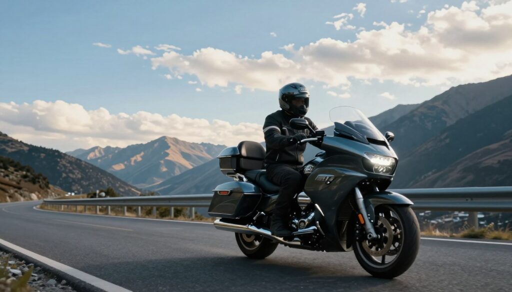 A solitary motorcyclist rides along a winding mountain road, capturing the essence of solo travel. The foreground showcases a sleek touring motorcycle, gleaming under soft, diffused daylight, highlighting its elegant curves. In the middle ground, the rider, donned in a stylish, functional riding jacket and helmet, focuses intently on the road ahead, embodying the spirit of adventure. The background features majestic mountains bathed in warm sunlight, with a clear blue sky peppered with wispy clouds, creating a serene and uplifting atmosphere. The scene is shot from a low angle to emphasize the motorcycle's presence against the vast, open landscape, enhancing the sense of freedom associated with solo journeys. The overall mood is one of exploration and tranquility, inviting viewers to envision their own journey on the open road.
