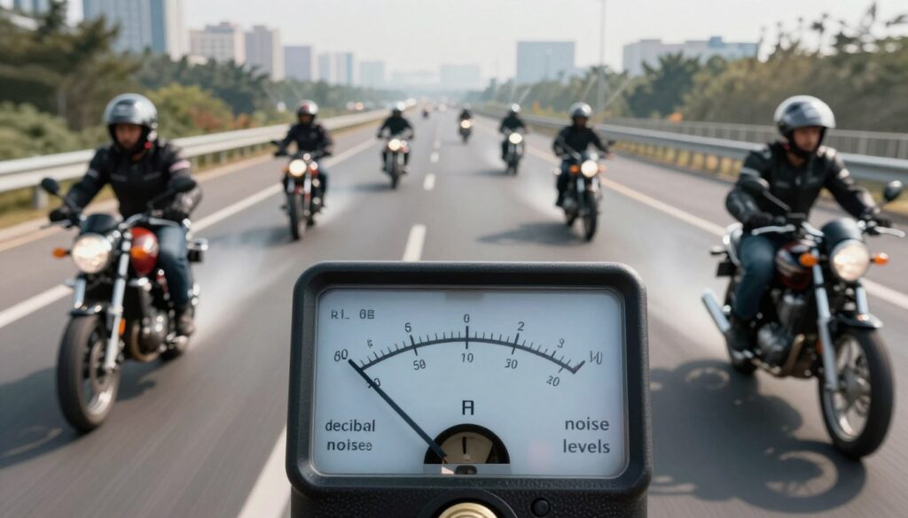A visually engaging composition depicting "decibels noise levels" in the context of long-distance riding. In the foreground, an analog decibel meter displays varying readings, with the needle moving prominently at different noise levels. The middle ground features a highway scene with a variety of motorcycles traveling, showcasing riders in professional riding gear. The background captures a cityscape with sound visualizations emanating from the bikes, illustrating the noise impact on riders. Soft, diffused natural lighting casts long shadows, enhancing the sense of speed and sound intensity. The atmosphere conveys urgency and awareness, emphasizing the risks associated with noise exposure while riding. Focused, high-angle perspective draws attention to both the meter and the riders, creating a dynamic yet informative visual experience. A visually engaging composition depicting "decibels noise levels" in the context of long-distance riding. In the foreground, an analog decibel meter displays varying readings, with the needle moving prominently at different noise levels. The middle ground features a highway scene with a variety of motorcycles traveling, showcasing riders in professional riding gear. The background captures a cityscape with sound visualizations emanating from the bikes, illustrating the noise impact on riders. Soft, diffused natural lighting casts long shadows, enhancing the sense of speed and sound intensity. The atmosphere conveys urgency and awareness, emphasizing the risks associated with noise exposure while riding. Focused, high-angle perspective draws attention to both the meter and the riders, creating a dynamic yet informative visual experience.