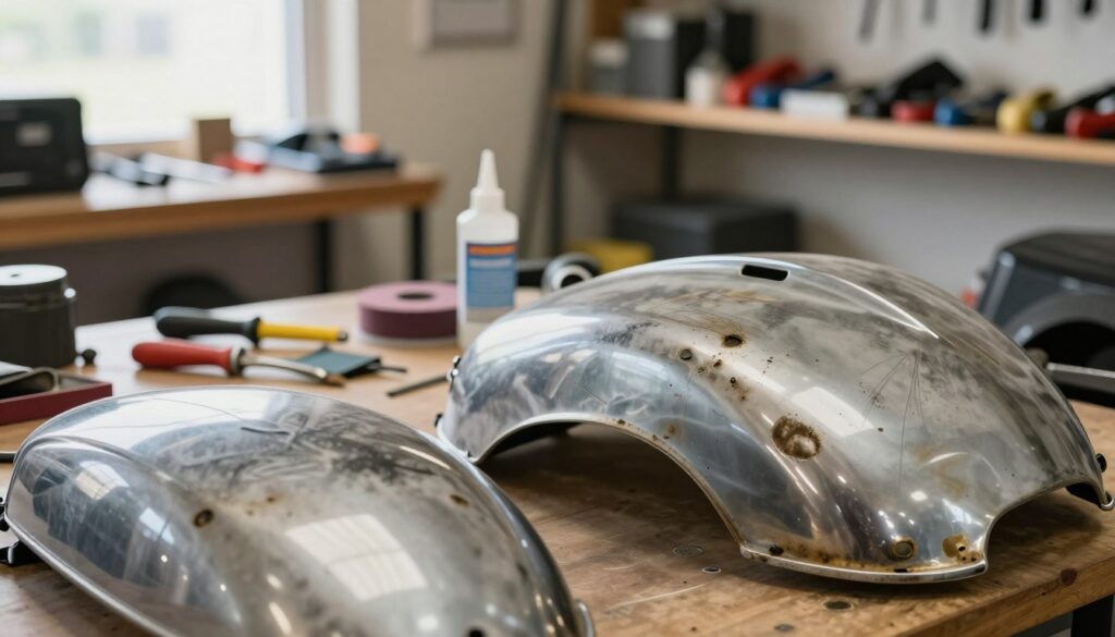 A well-lit workspace featuring a close-up view of a motorcycle's faded plastic and chrome surfaces, showcasing various types of damage including scratches, discoloration, and oxidation. In the foreground, highlight the intricate textures of both materials, emphasizing the contrast between the dull, worn plastic and shiny, but tarnished chrome. In the middle ground, tools like polishing compounds and sandpaper scattered around, hinting at restoration efforts. The background shows a soft-focus workshop setting, with shelves filled with motorcycle repair supplies, illuminated by natural light streaming through a window, creating a warm and inviting atmosphere. The camera angle is slightly elevated, capturing the details while maintaining a professional, informative mood, ideal for assessing damage on motorcycle surfaces.