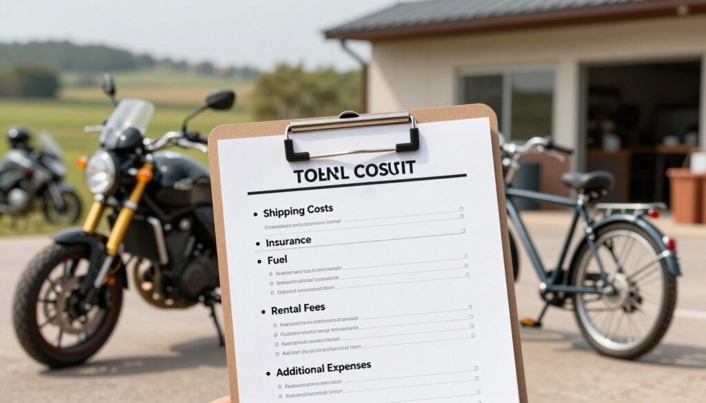 A well-organized, visually appealing total cost checklist displayed on a clipboard, positioned prominently in the foreground. The checklist should include categories such as "Shipping Costs," "Insurance," "Fuel," "Rental Fees," and "Additional Expenses," with clear bullet points under each category. In the middle ground, a motorcycle and a bicycle are placed side by side, highlighting the comparison. The background features a blurred landscape of a typical shipping yard or a picturesque motorcycle rental shop, giving a sense of context. Natural soft lighting illuminates the scene, with a slight bokeh effect to create depth. The mood should be informative and professional, suitable for an article discussing financial considerations in transportation options. A well-organized, visually appealing total cost checklist displayed on a clipboard, positioned prominently in the foreground. The checklist should include categories such as "Shipping Costs," "Insurance," "Fuel," "Rental Fees," and "Additional Expenses," with clear bullet points under each category. In the middle ground, a motorcycle and a bicycle are placed side by side, highlighting the comparison. The background features a blurred landscape of a typical shipping yard or a picturesque motorcycle rental shop, giving a sense of context. Natural soft lighting illuminates the scene, with a slight bokeh effect to create depth. The mood should be informative and professional, suitable for an article discussing financial considerations in transportation options.