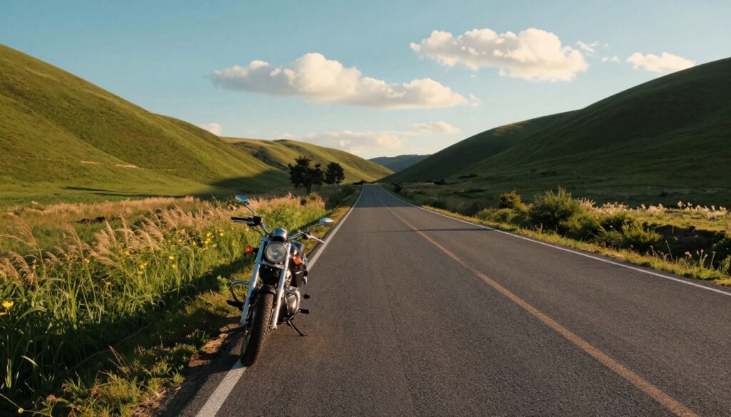 A winding asphalt road stretches out across a picturesque landscape, flanked by lush green hills on either side. In the foreground, a lone motorcycle stands on the roadside, its chrome gleaming in the soft, golden light of a late afternoon sun, creating a sense of adventure. The middle ground features patches of wildflowers swaying gently in the breeze, with shadows cast by distant trees adding depth. In the background, a clear blue sky is adorned with fluffy white clouds, enhancing the feeling of freedom. The scene is captured from a low angle, emphasizing the road's journey into the horizon, invoking a mood of exploration and choice. Ideal for evoking the contrast between structured guided tours and the allure of solo travel freedom.