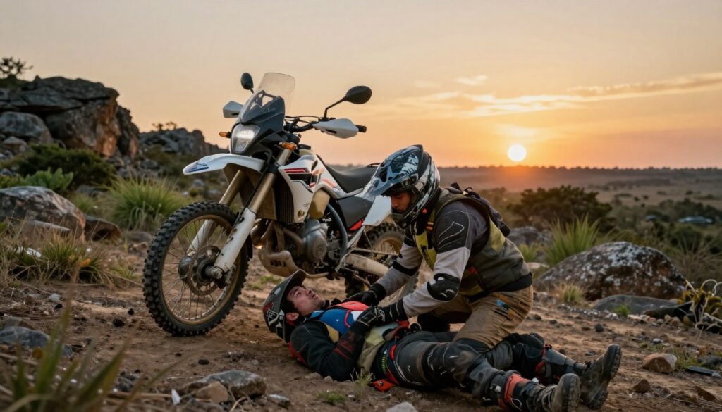 A dramatic scene depicting a rider in a rugged outdoor environment following an emergency during a motorcycle adventure. In the foreground, the rider, clad in protective gear and a helmet, is kneeling beside a fallen companion who requires first aid, displaying urgency in their expression. The middle ground shows their off-road motorcycle, slightly tilted, blending into the natural landscape of rocky terrain and sparse greenery. In the background, a sunset casts warm, golden hues across the sky, contrasting with the impending dusk that hints at the seriousness of the situation. The lighting is vibrant yet moody, creating an atmosphere of urgency and importance, emphasizing the critical nature of first aid in remote settings. Capture this moment from a slightly elevated angle to encompass both the immediate action and the surrounding wild landscape.
