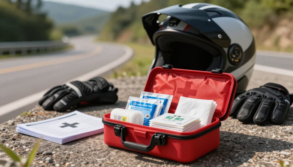 A well-stocked motorcycle-ready first aid kit sits prominently in the foreground, featuring essential supplies like bandages, antiseptic wipes, gauze, and a compact instruction booklet. The kit itself is rugged and durable, designed for outdoor conditions, with bright red and reflective materials for visibility. In the middle ground, an open motorcycle helmet and gloves hint at the adventurous spirit of riding. The background showcases a blurred scenic landscape with winding roads and greenery, evoking a sense of adventure. Soft, natural lighting casts subtle shadows, enhancing the textures of the kit and the environment. The mood is practical yet adventurous, emphasizing readiness for any situation on the road.